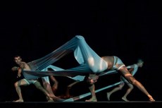 Os bailarinos envoltos em tecidos de cor branca, contrastando com o palco negro, resultam em efeitos que exploram a teoria da força
