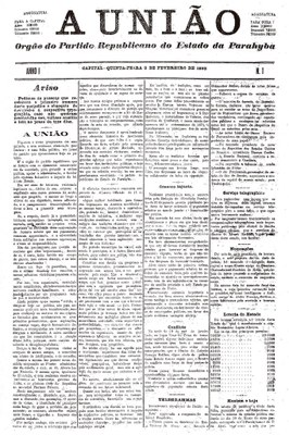 Capa da primeira edição do jornal A União, publicada em 2 de fevereiro de 1893