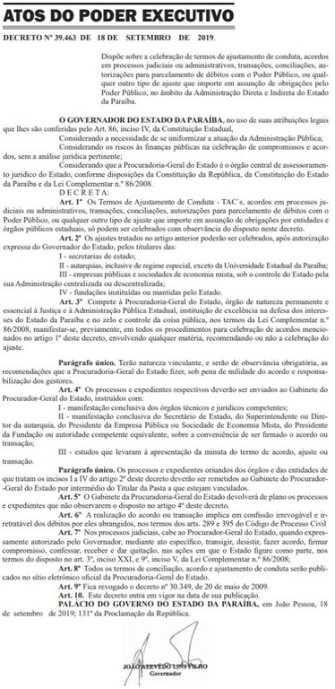 DECRETO 39.463 18 DE SETEMBRO DE 2019 DECRETO 39.463 18 DE SETEMBRO DE 2019