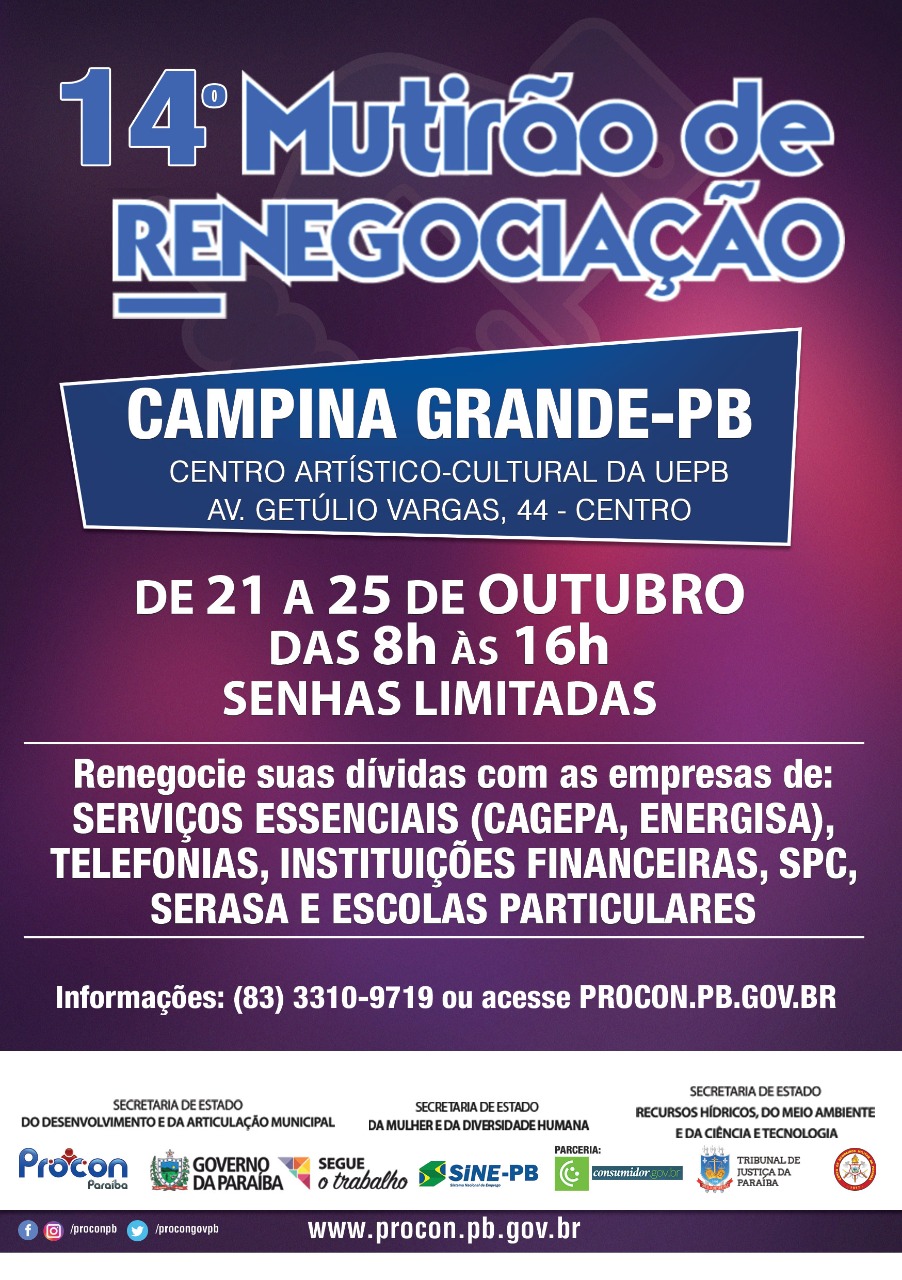 14º Mutirão de Renegociação de Dívidas promovido pelo Procon-PB acontece em Campina Grande