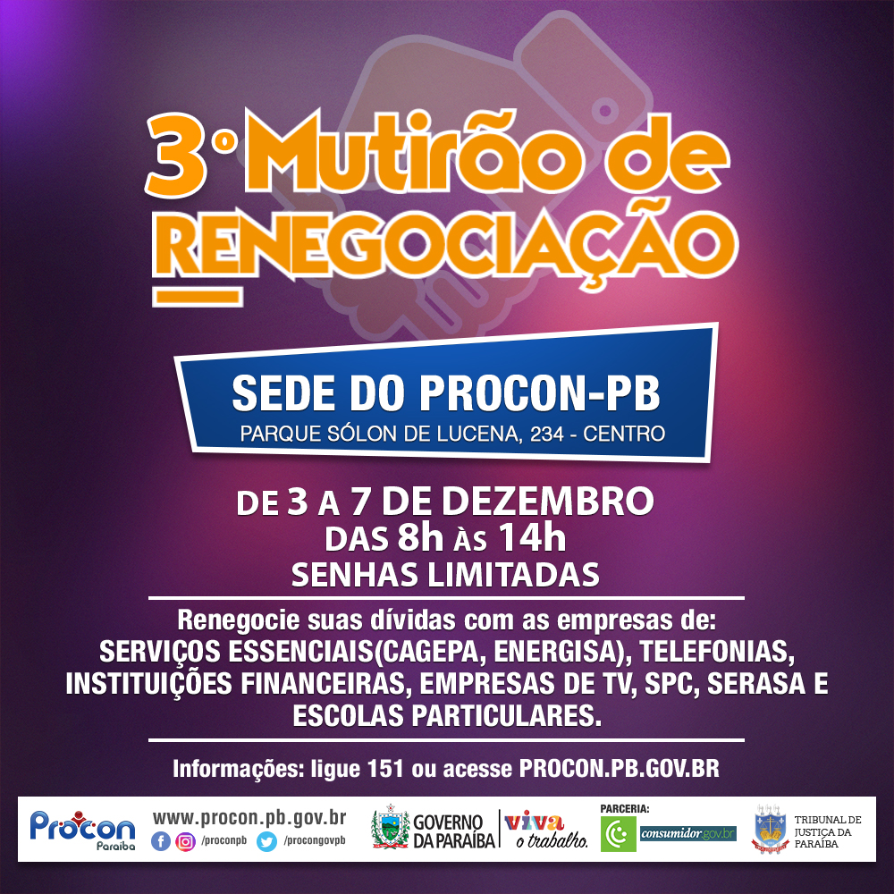 3º Mutirão de Renegociação de Dívidas acontecerá a partir de segunda dia 3