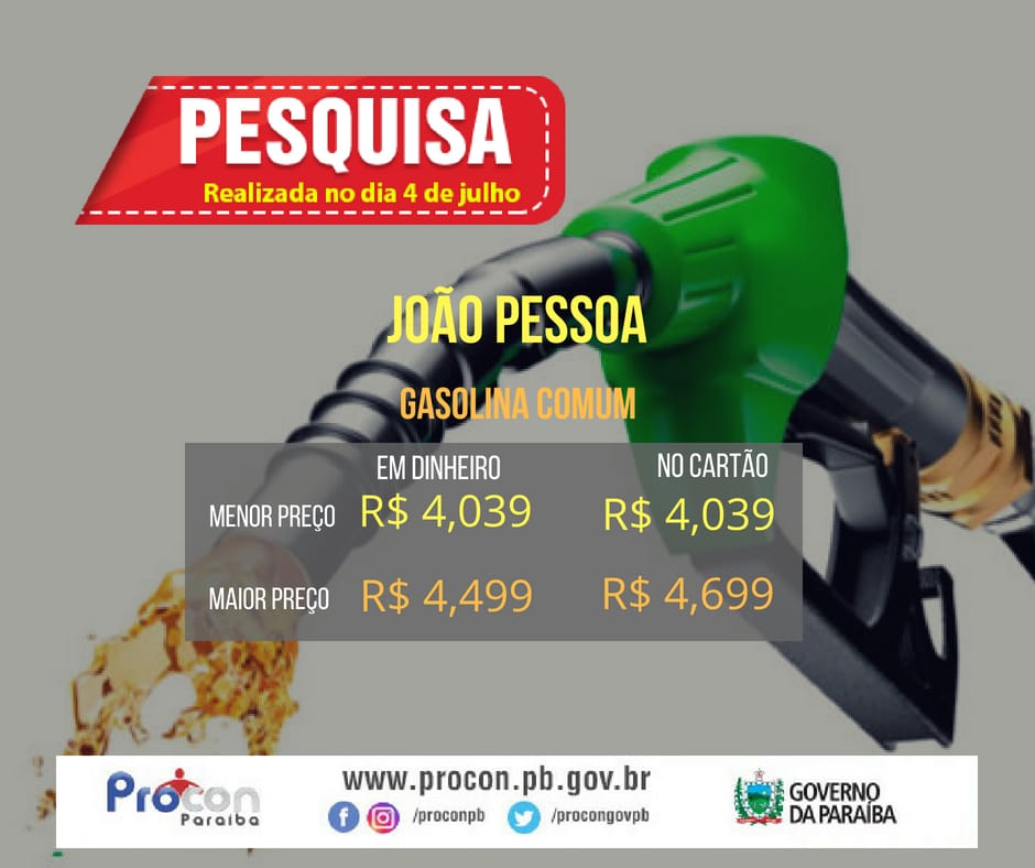 Gasolina comum chega a custar até R$ 4,699 em João Pessoa, afirma pesquisa do Procon-PB