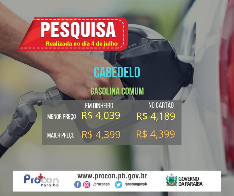 Gasolina comum em Cabedelo está custando até R$ 4,399 aponta pesquisa do Procon-PB