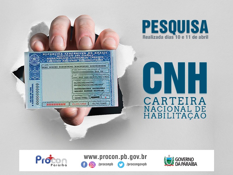 Pesquisa realizada dias 10 e 11 de abril. CNH Carteira Nacional de Habilitação. Imagem ilustrativa de uma mão segurando uma carteira de habilitação.