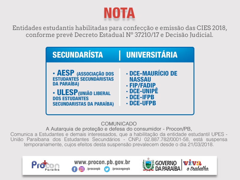 Procon-PB emite nota sobre entidades estudantis habilitadas para confecção e emissão das CIES 2018